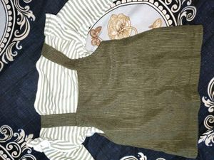 Girls Olive Green Dress with Striped Top