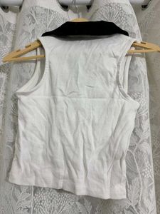 Pantaloons White Ribbed Collared Sleeveless Top