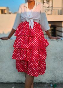 Red Polka Dot Tiered Dress with White Shirt