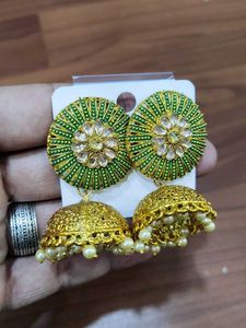 Green & Gold Jhumka Earrings