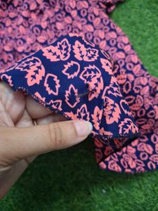 Navy Blue &amp; Pink Leaf Print Dress