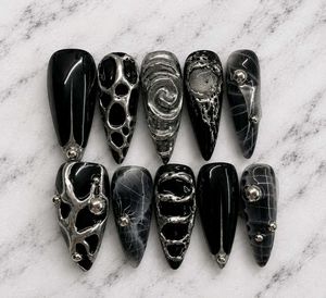 Hand made Gothic Black &amp; Silver Press-On Nails
