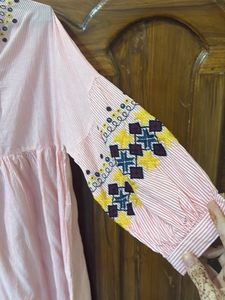 mast &amp; harbour Pink Striped Embroidered Kurta