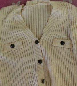 White Ribbed Knitted Cardigan Sweater