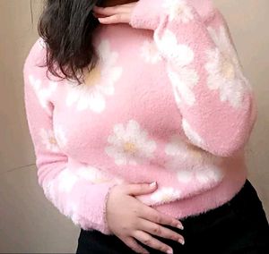 Pink Floral Fuzzy Sweater