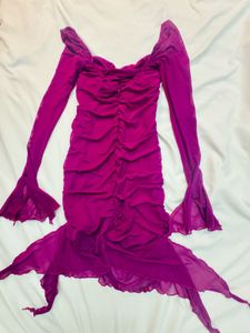 Purple Ruffle Meshy long Sleeve Mini Dress