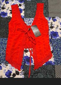 Shein Chic Red Lace-Trimmed Tie-Front Top