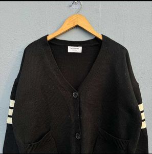Black Knit Cardigan with Striped Sleeves