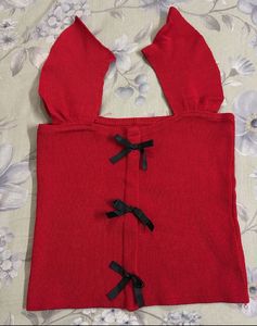 Red Cropped Top with Bow Details