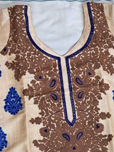 Beige &amp; Royal Blue Embroidered Raw Silk Kurti Set