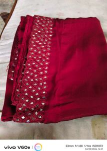 Elegant Red Saree with Mirror Work