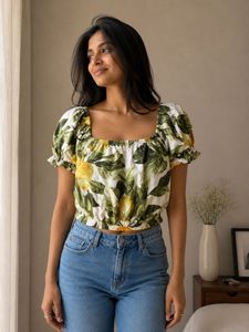 Lemon Print Puff Sleeve Crop Top