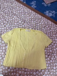 Yellow Ribbed Button-Up Crop Top