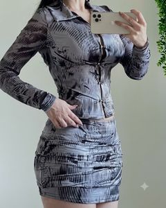 Chic Mesh Print Button-Up Top & Skirt Set