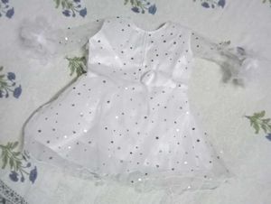 Girls White Star Print Net Frock with Ruffle Sleev