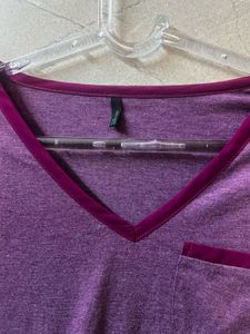 Purple V-Neck Long Sleeve Top with Pocket
