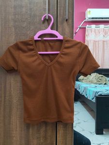 Brown V-Neck T-Shirt crop top