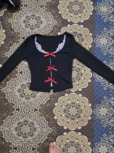 Black Lace Trimmed Bow Detail Top