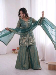 Elegant Green Embroidered Kurta Sharara Set