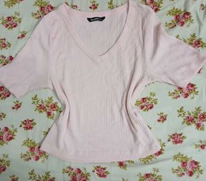 Cute Pink Ribbed V-Neck Top
