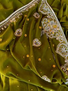 ✨ Elegant Olive Green Embellished Saree ✨