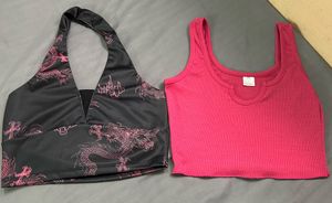 Dragon Print Halter Crop Top & Ribbed Tank