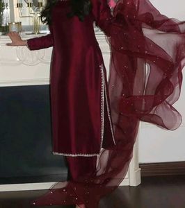 Maroon Satin Fabric with Mirror Work