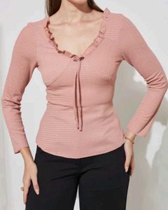 Shein Elegant Pink Ruffle Neck Top