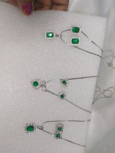American Diamond Silver Green Pendant Set