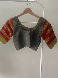 Elegant Grey Blouse with Red &amp; Gold Sleeves