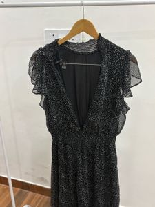 Black Polka Dot Print Flutter Sleeve Maxi