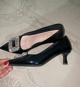 Black Patent Heels with Rhinestone Buckle