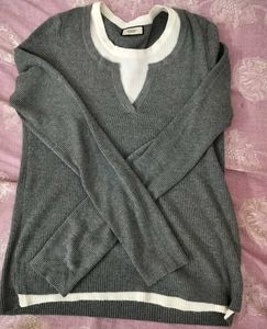 Gray Knit Sweater with White Detail