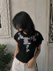 Chic Black Butterfly & Floral Embroidered Top