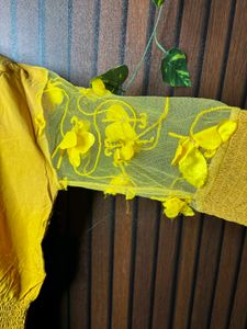 Yellow Kurti with Floral Sleeves
