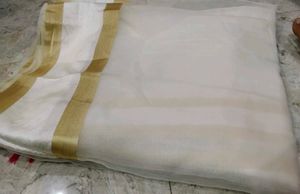 Elegant White Organza Saree with Gold Border