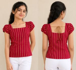 Ethnic Striped Puff-Sleeve Top For Teen Girls