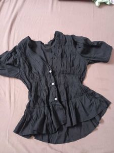 Chic Black Crinkled Button-Up Top