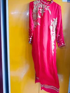 Red Embroidered Women's Straight Kurti | Elegant P