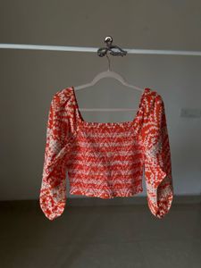 Orange Floral Smocked Crop Top w puff sleeves