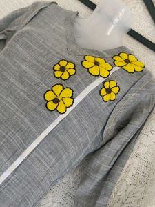 ANORA Grey Kurta with Yellow Floral Embellishments