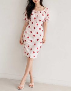 White Heart Print Ruched Midi Dress.