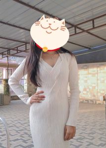Cream Ribbed Knit Midi Dress