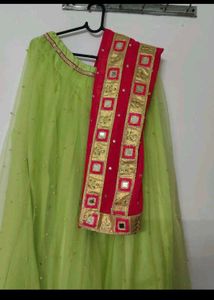 Beautiful Lime Green Lehenga with Red Dupatta