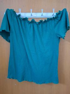 Green Ribbed Off-Shoulder Top