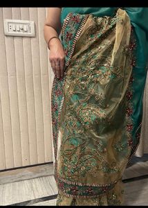 Elegant Green &amp; Gold Embroidered Saree