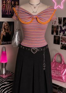 Y2K Striped Bow Top