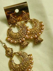 golden Jhumka Earrings Set
