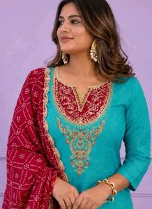 Women Orange Kurta with Blue Dupatta
