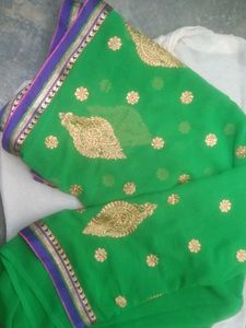 Vibrant Green Saree with Golden Embroidery